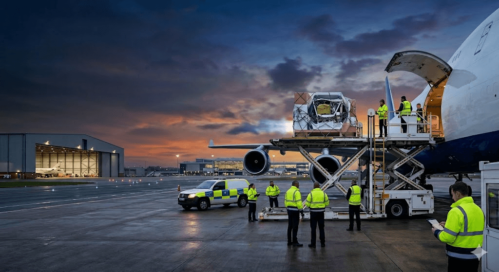 Business team collaborating in meeting room with whiteboard and notes on wall and table.